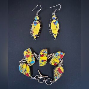 Yellow Mosaic Jasper 925 sterling silver vintage bracelet and earrings set
